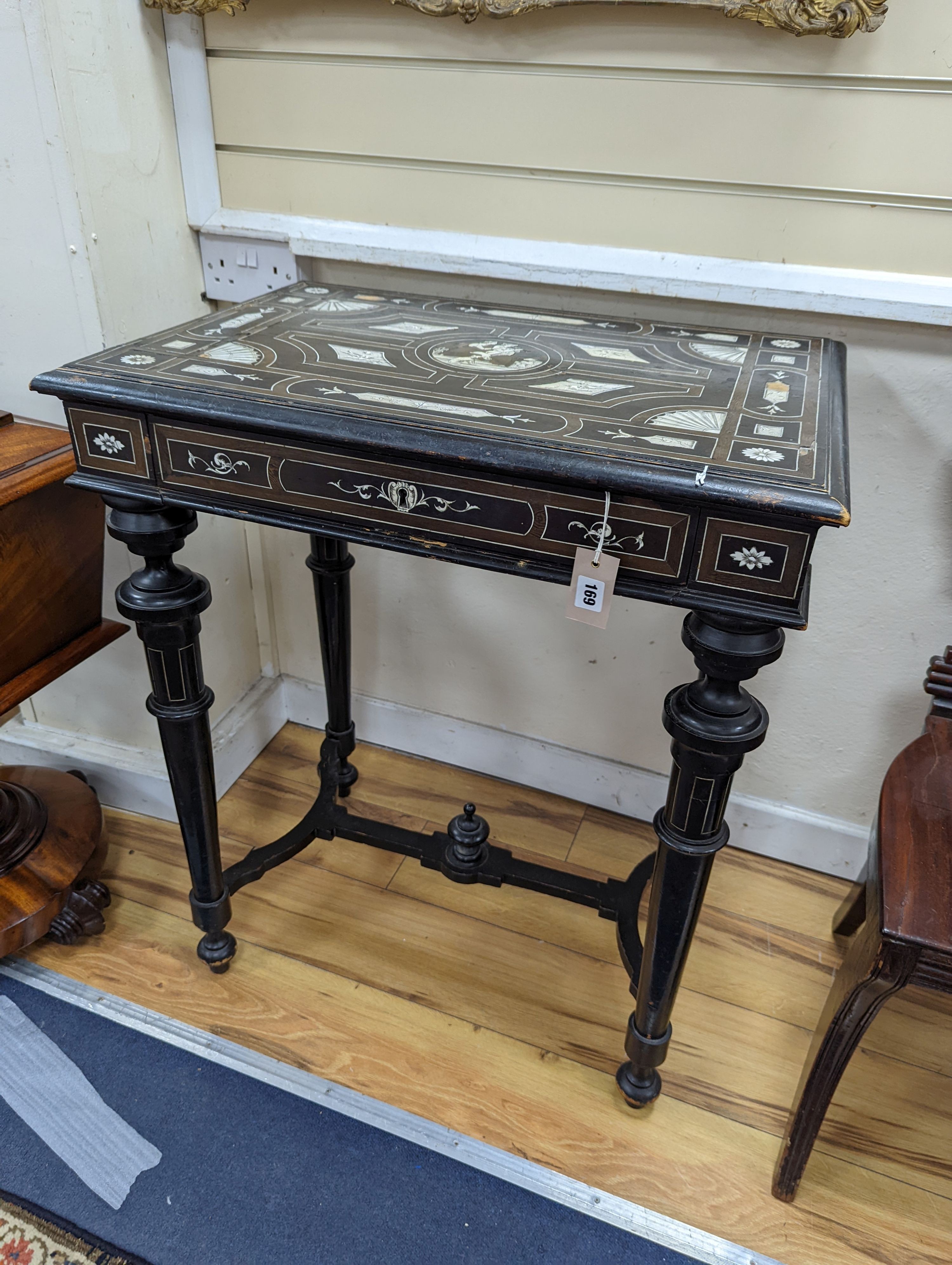 A 19th century Italian bone inlaid ebonised side table, width 68cm, depth 48cm, height 81cm